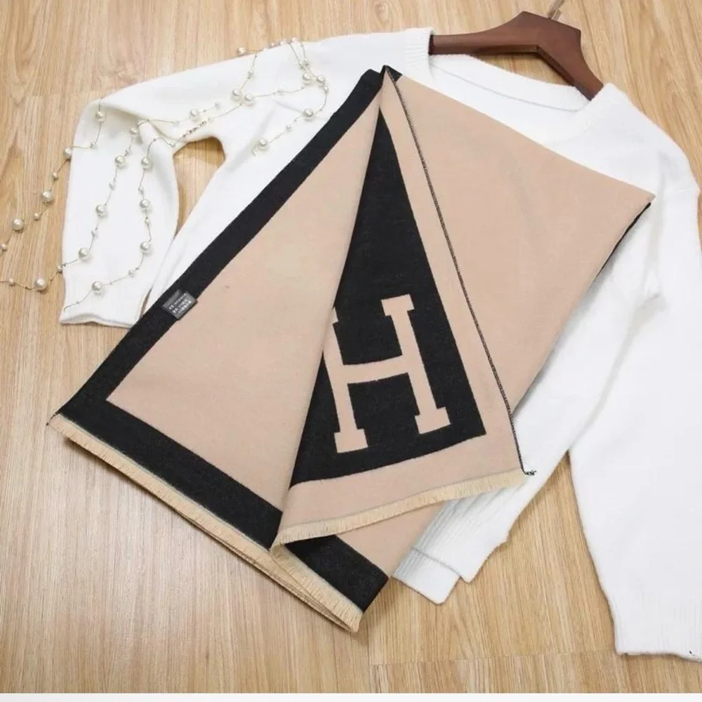 New Hermès Beige and Black H-Patterned Scarf